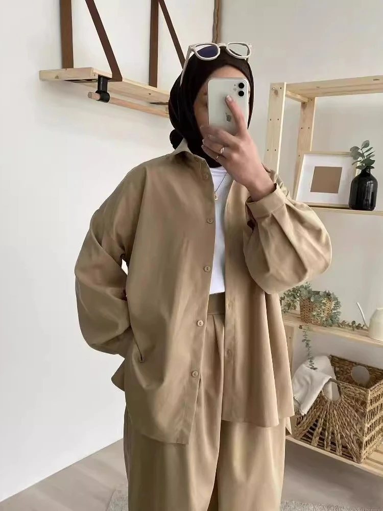 Eid Ensembles Musulmanes Femmes Chemise Solide Blouses Pantalon À Jambes Larges Ensemble Deux Pièces Musulman Ensemble Dubaï Arabe Maroc Décontracté Ramadan