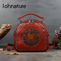 Johnature Retro Totem borsa da donna 2024 nuova borsa portatile originale in vera pelle borsa a tracolla zaino in pelle bovina naturale