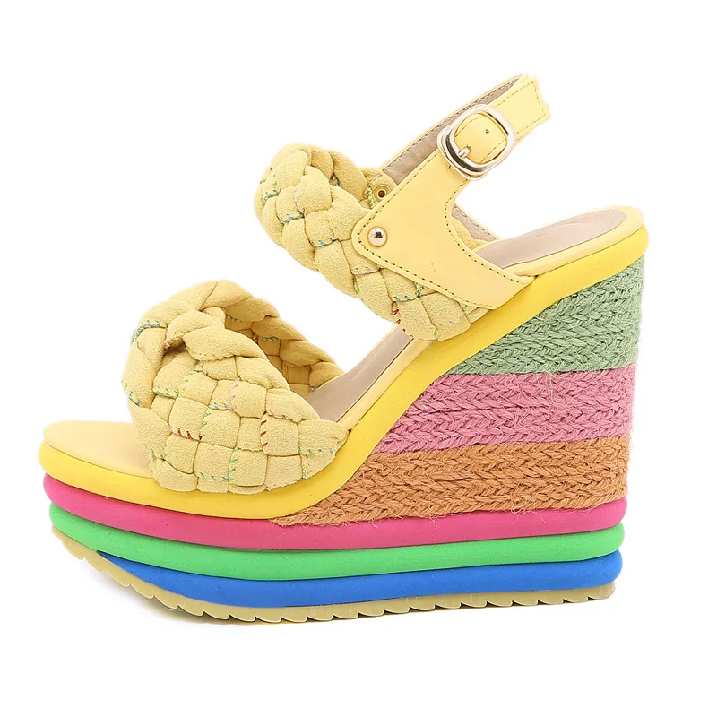 Sandali con zeppa arcobaleno donna Open Toe Weave Sandalias scarpe da donna estive personalizzate piattaforma Plus Size sandali con tacco alto