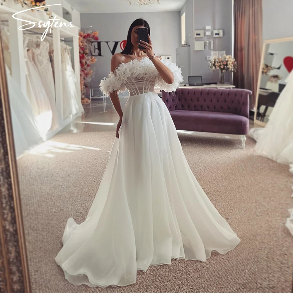 Abiti da sposa bohémien con spalle scoperte Organza 3D pieghe abiti da sposa lunga una linea Vestidos De Novia abito da sposa per le donne 2024