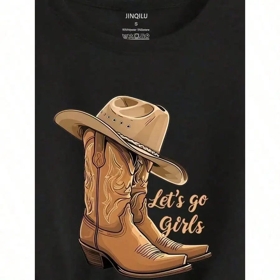 Short-Sleeved Round Neck Boots T-Shirt Boots Printed Round Neck T-Shirt, Spring/Summer Casual Short-Sleeved Top Women's Clothing