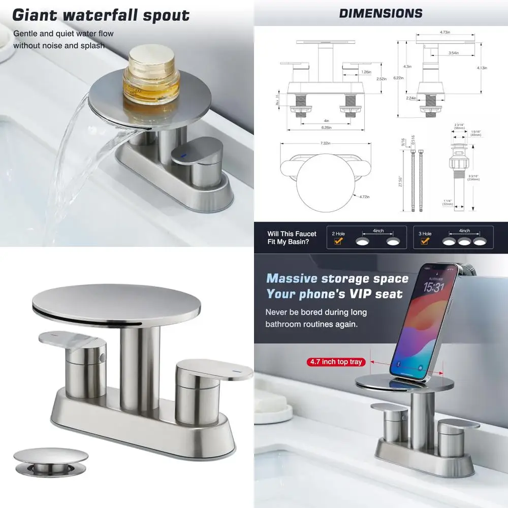 

3-Hole Brushed Nickel Bathroom Sink Faucet with Round Shelf and Metal Drain