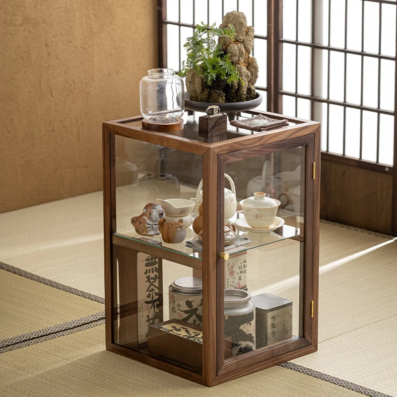 خزانة عرض زجاجية من خشب الجوز الأسود في أمريكا الشمالية، مجموعة شاي Wenwan، خزانة عرض سطح المكتب، خزانة تخزين الغبار