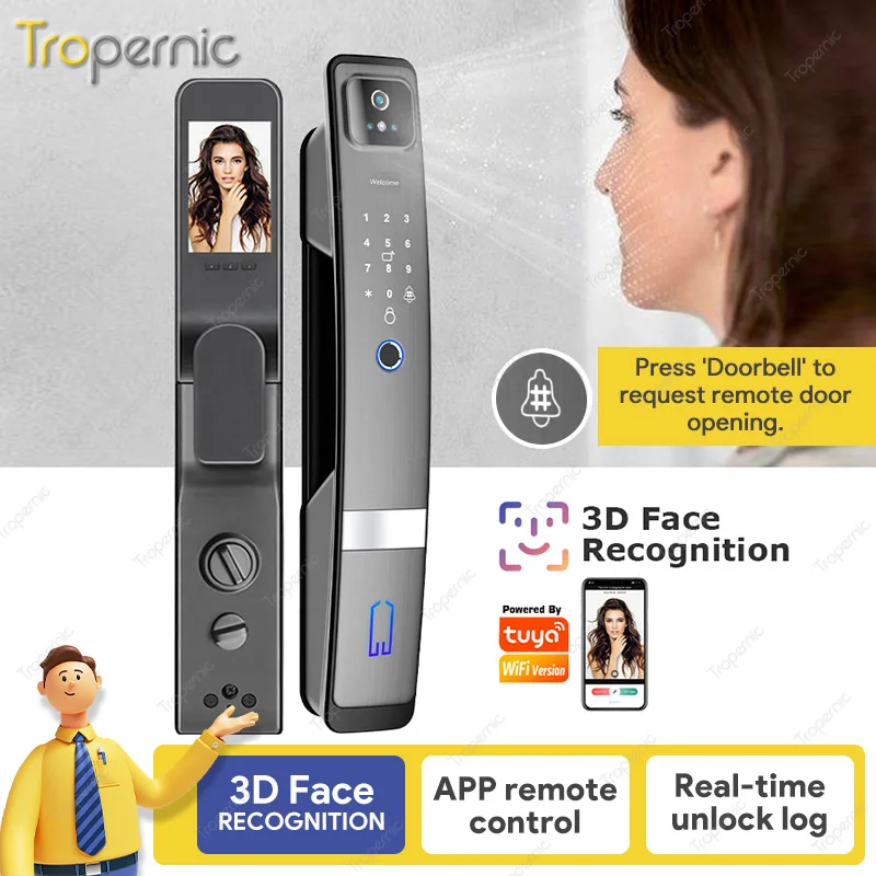 Tropernic Mobile Tuya WiFi  Lock Waterproof Outdoor Smart Biometric Fingerprint Face Automatic Door Lock with Eye Scanner