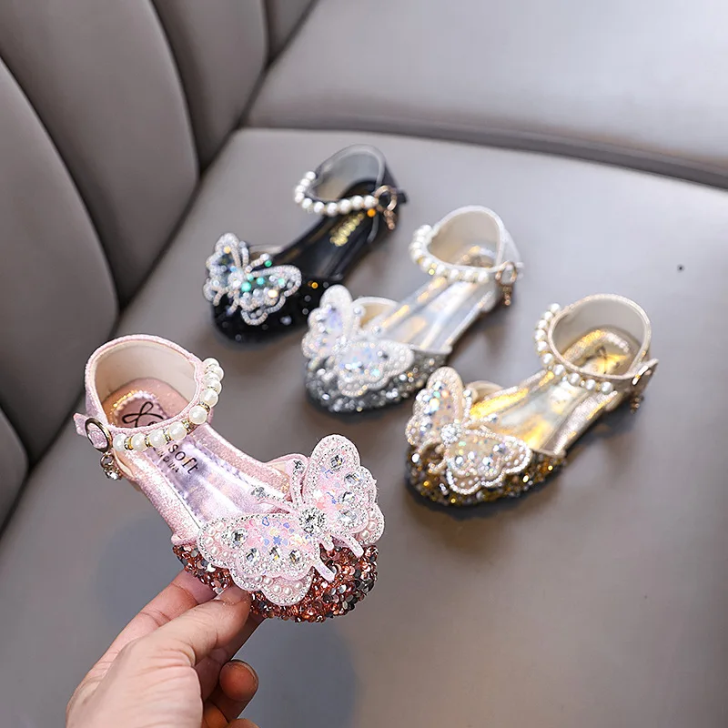 Little Girl Sandal Spring Summer New Children's Leather Shoes Sequins Butterfly Kids Princess Fashion Flat Sandals Versatile