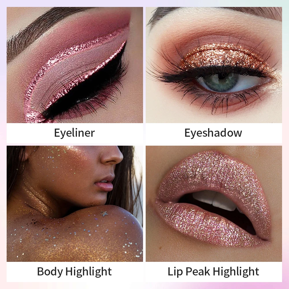 محدد عيون لامع نابض بالحياة ومقاوم للماء يدوم طويلاً لمكياج العيون الخالية من العيوب الماسي اللامع والفضي والذهبي الوردي ومستحضرات التجميل