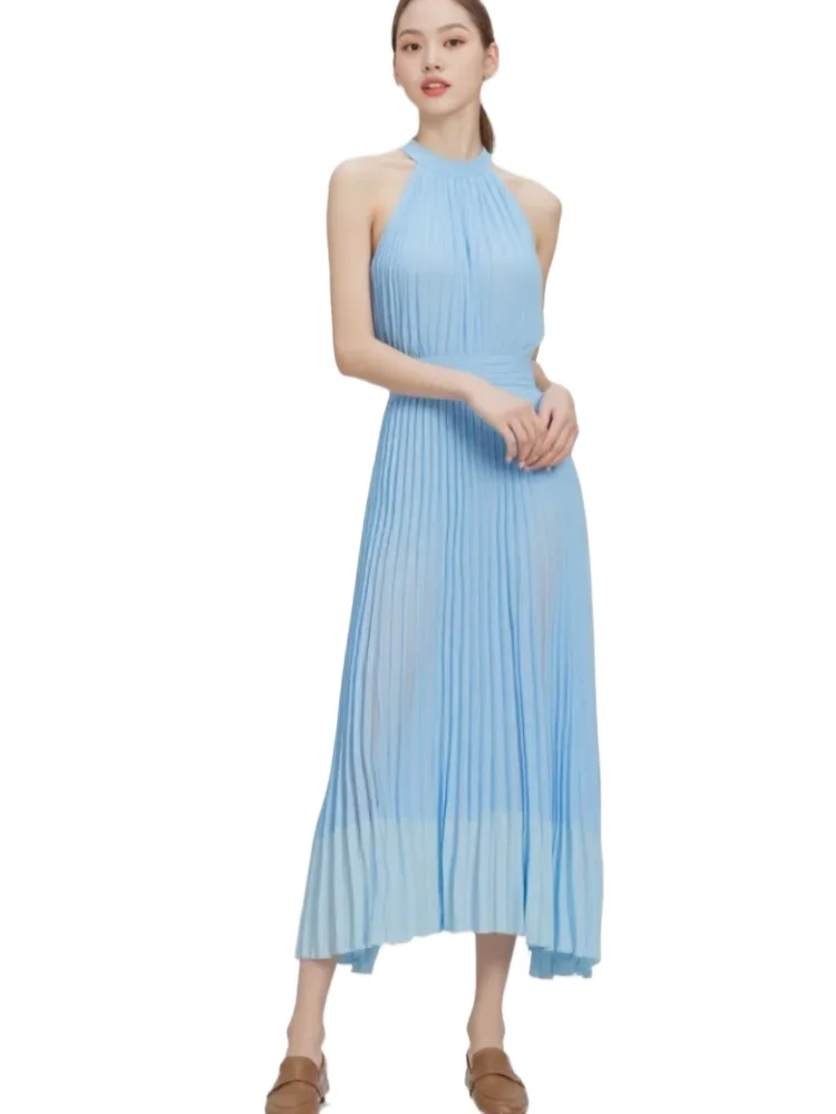 

Halter Pleated Chiffon Sleeveless Mid High Low Dress Blue