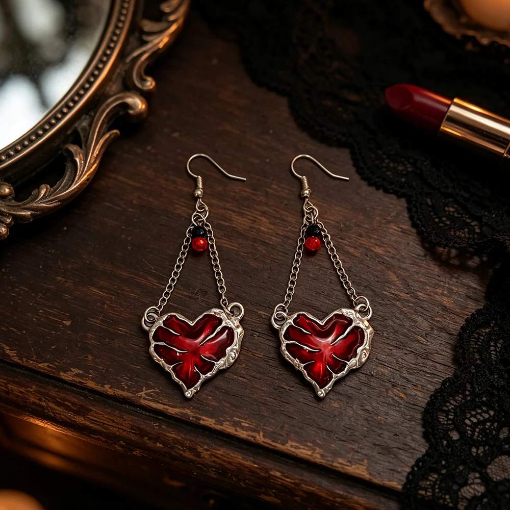 Vintage distressed silver and red enamel heart chain drop earrings, gothic style color-blocking beaded unique long earrings for women