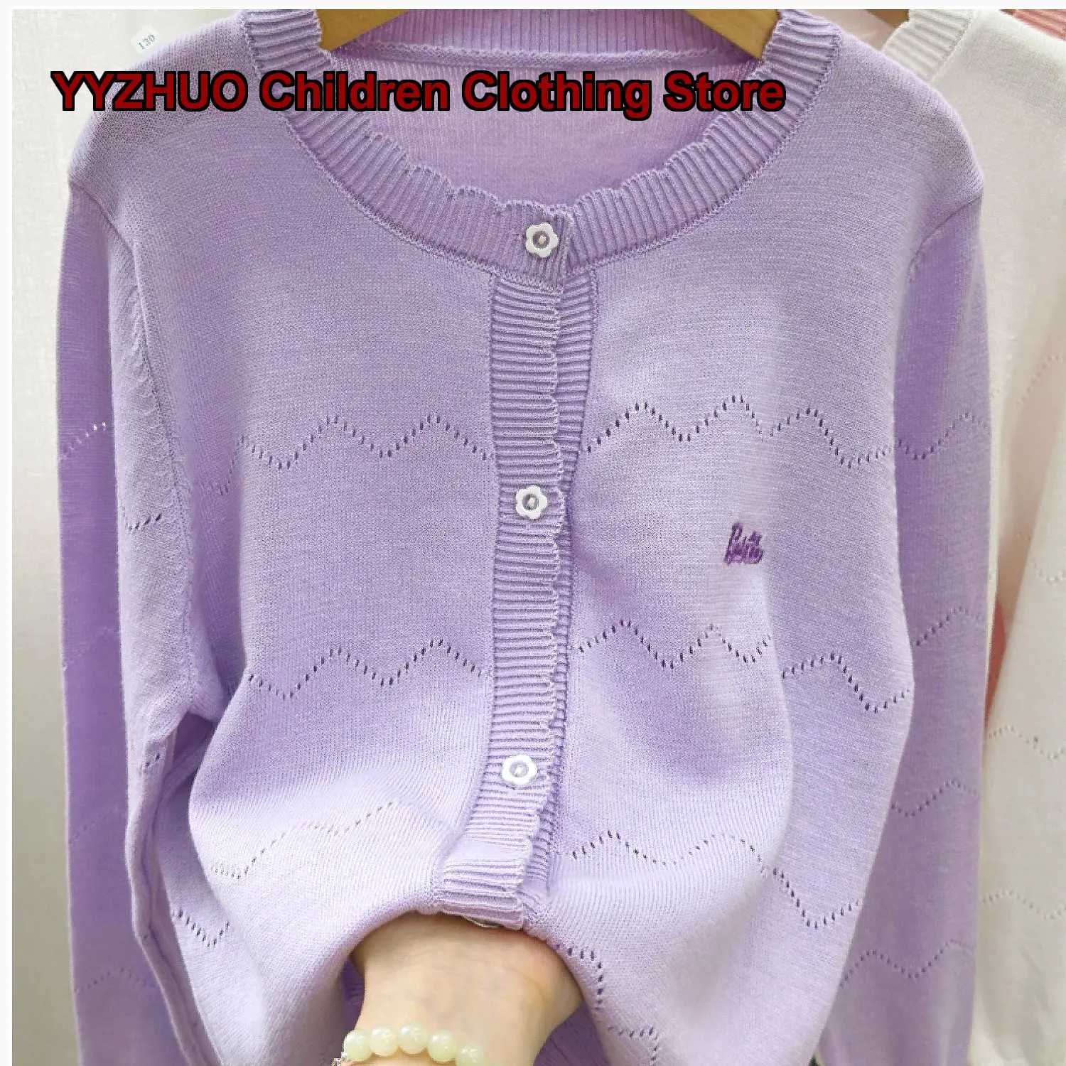 Girls Cardigan Kids Spring Summer Thin Purple Knit Top Stylish Air-Conditioning Jacket Older Kids