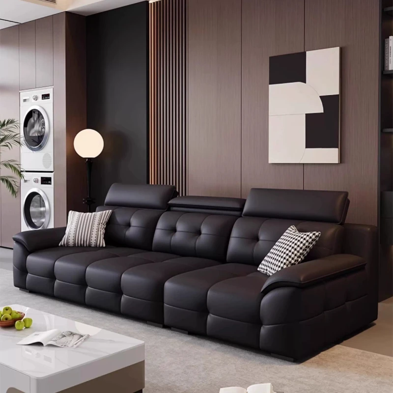 Modern Light Luxury Profile Real Leather Sofa Adjustable High Back 4-Seater Straight Sectional Sofa with Wide Wrap Armrest