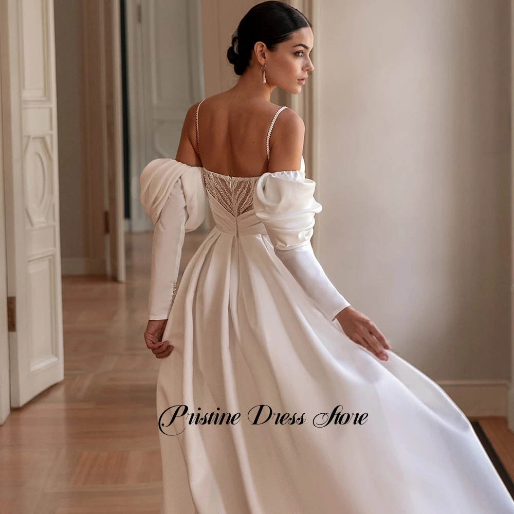 Robe de mariée trapèze en Jersey blanc Simple, avec fente latérale, bretelles Spaghetti personnalisées, manches détachables