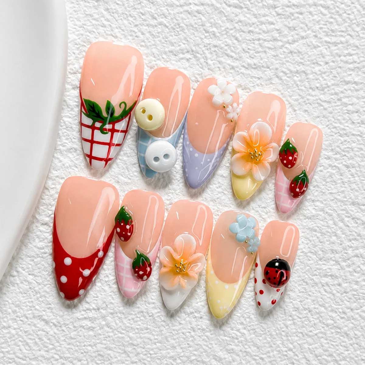24Pcs Dopamine Almond Wearable Press on Fake Nails Polka Dot Plaid French Nails Art Flower Strawberry Ladybug False Button Nails