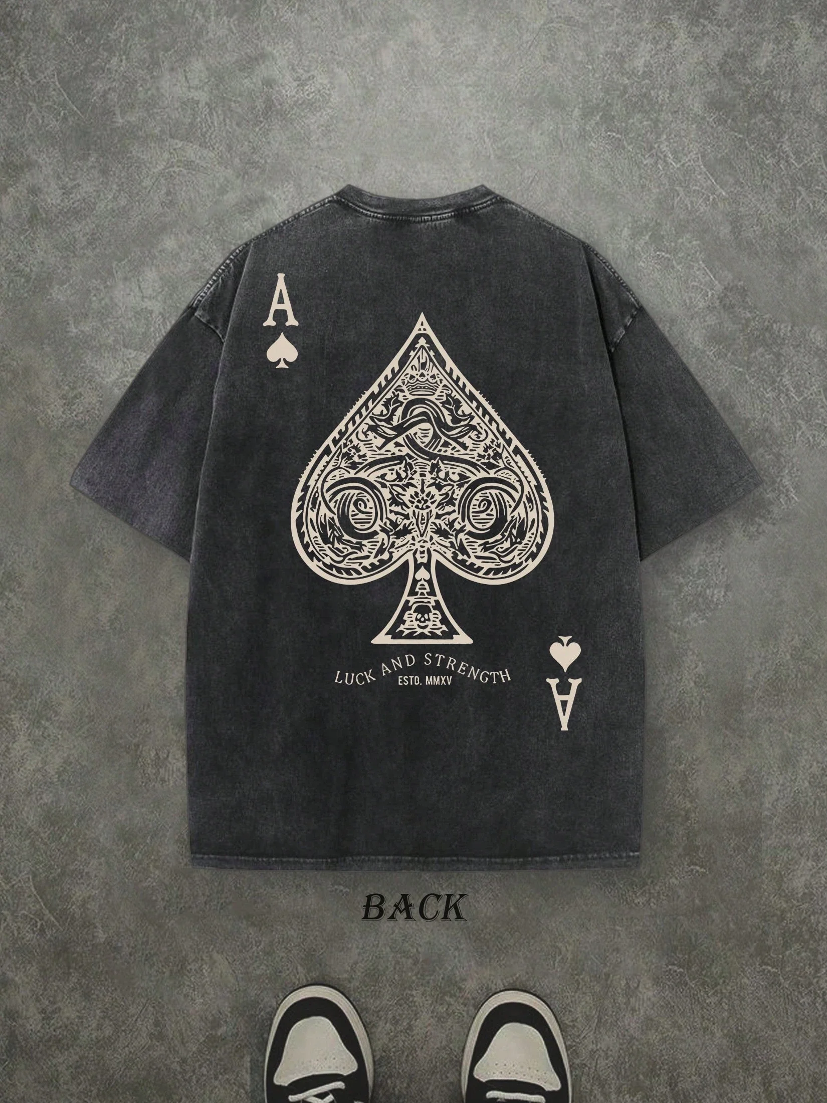 Retro Washed Printed 'LUCK AND STRENGTH' Letter and Ace of Spades Print T-Shirt Comfortable Fashionable Retro Street Y2K Style