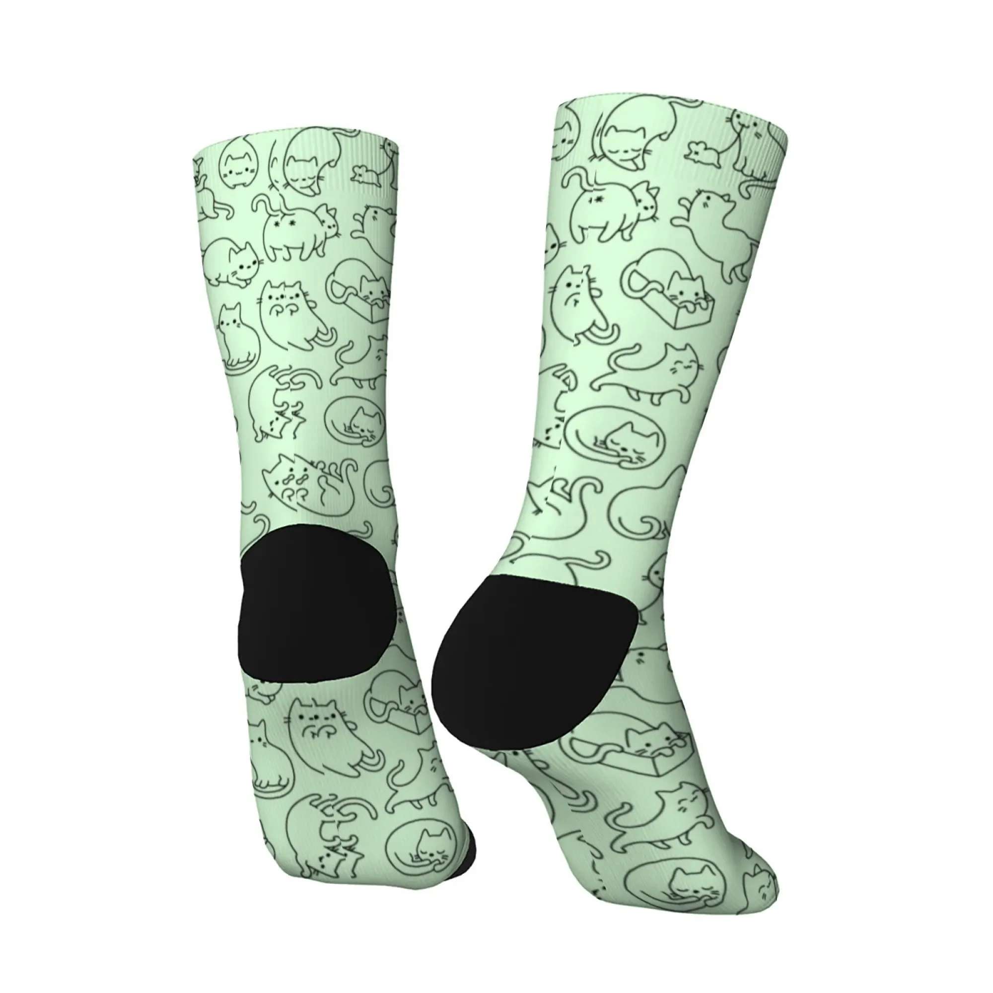 Meias artísticas de desenho animado kawaii, adorável detalhe multi-gato em verde menta, meias elásticas unissex para amantes de gatos da moda
