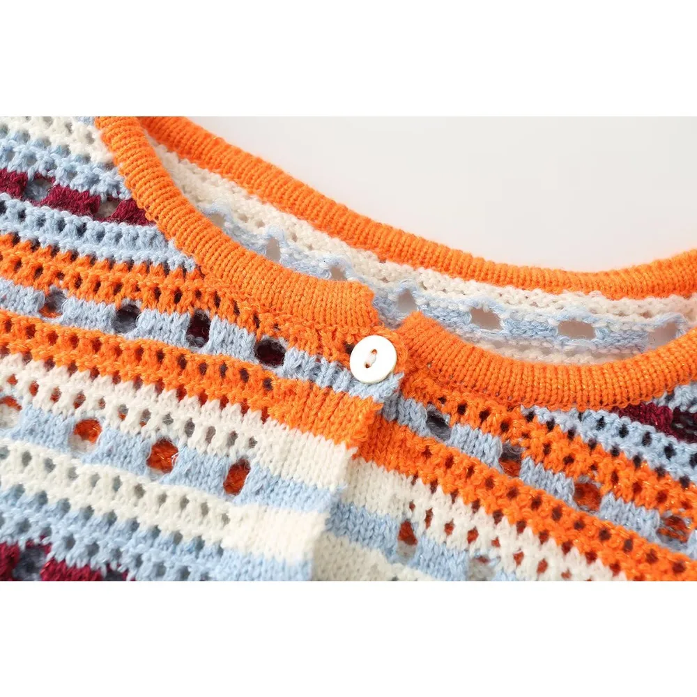 Elegant Fashion Striped Pointelle Cardigan for Women New in Summer Multicolored Round Neck Jackets with Sleeves Below The Elbow