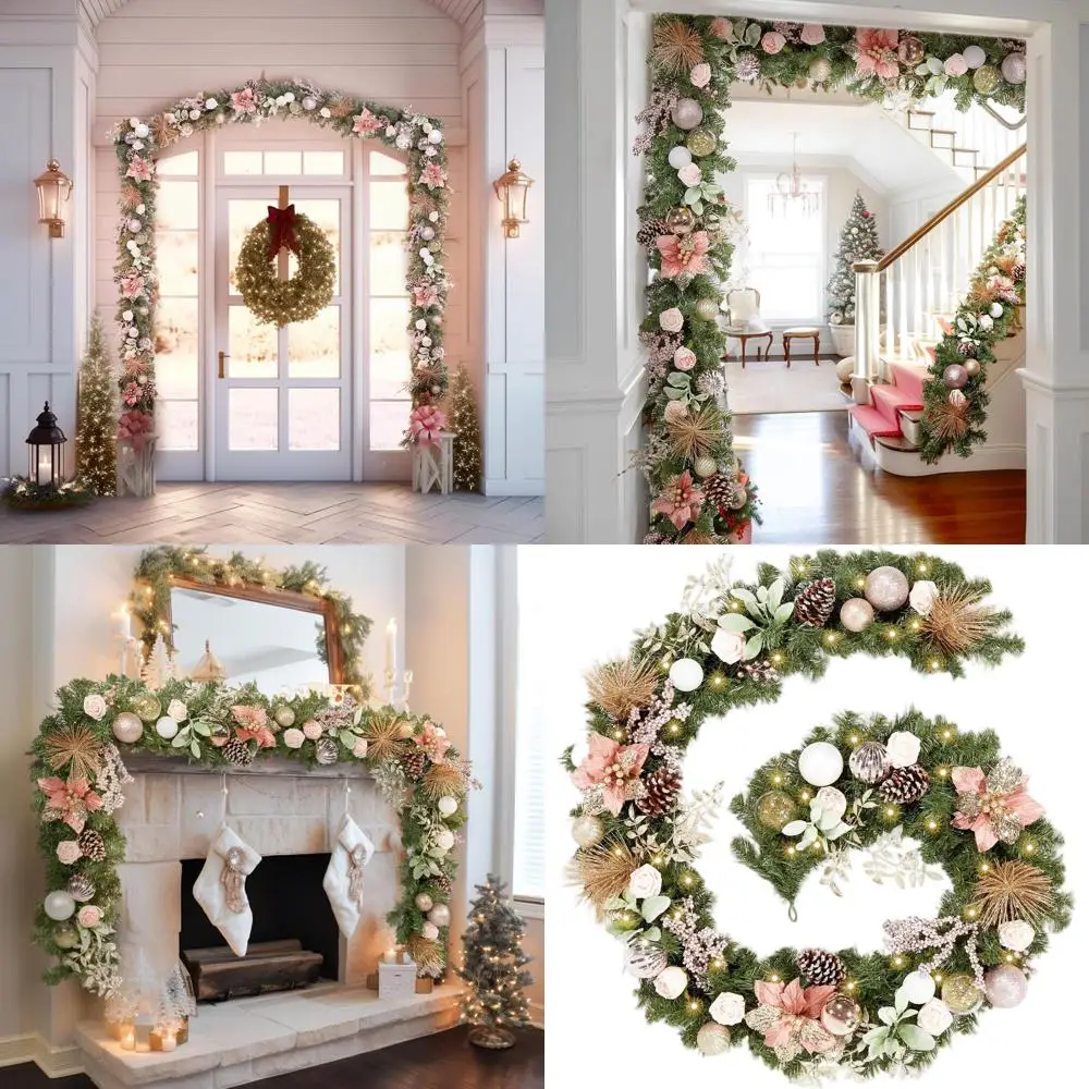 

9' 108 Rose Gold LED Christmas Garland with 50 Lights, Battery-Powered for Indoor/Outdoor Holiday Decor