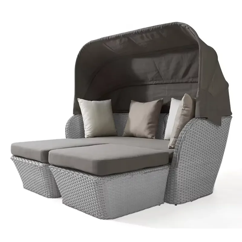 Modern Leisure Patio Garden Wicker Day Bed Sunbed Outdoor Poolside Rattan Chaise Lounge Aluminum Daybed with Canopy