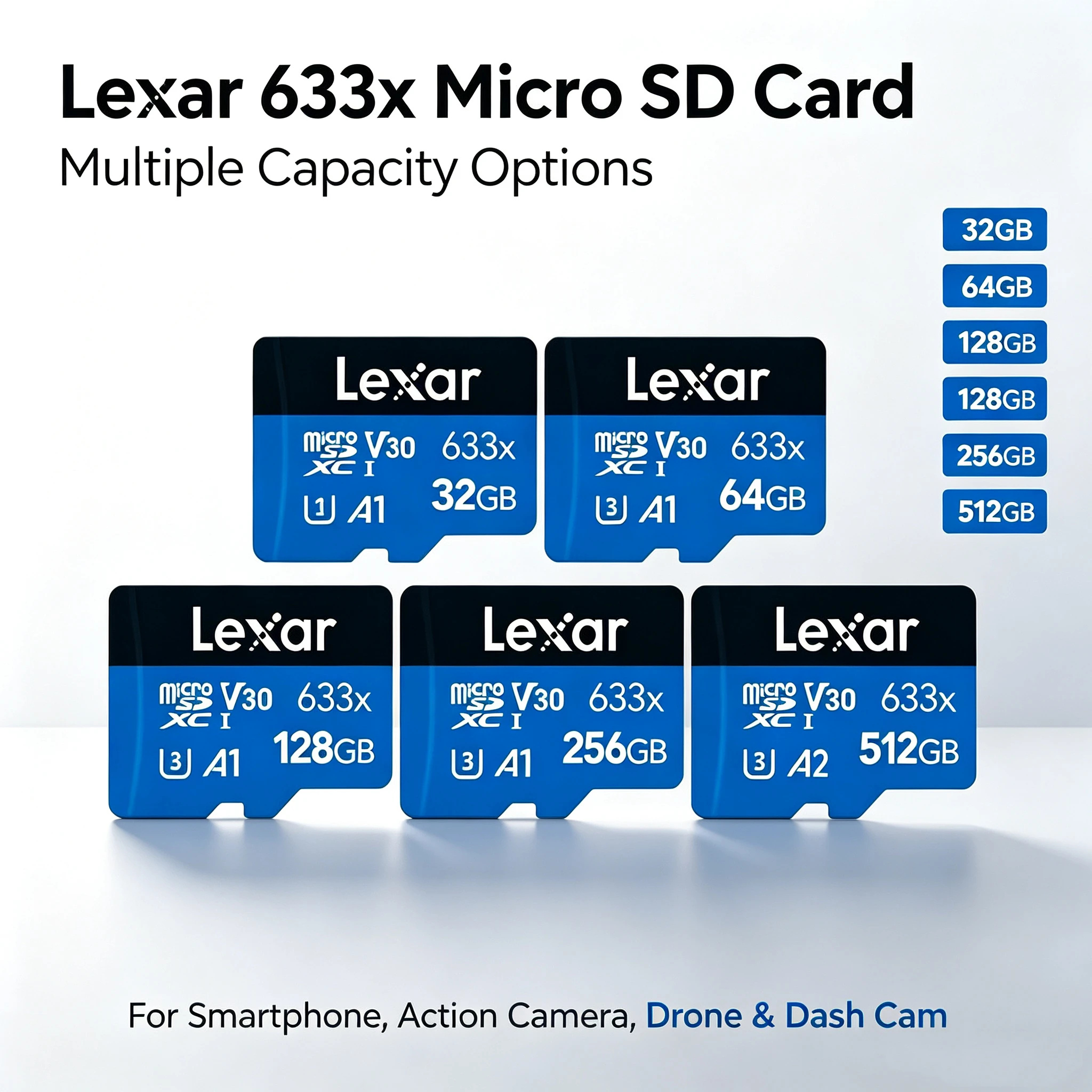 Lexar Micro SD Card 100MB/s Read 633x 45MB/s Write UHS-I V30 U3 A1 Class 10 256GB 128GB 64GB High Speed Data Transfer for Camera