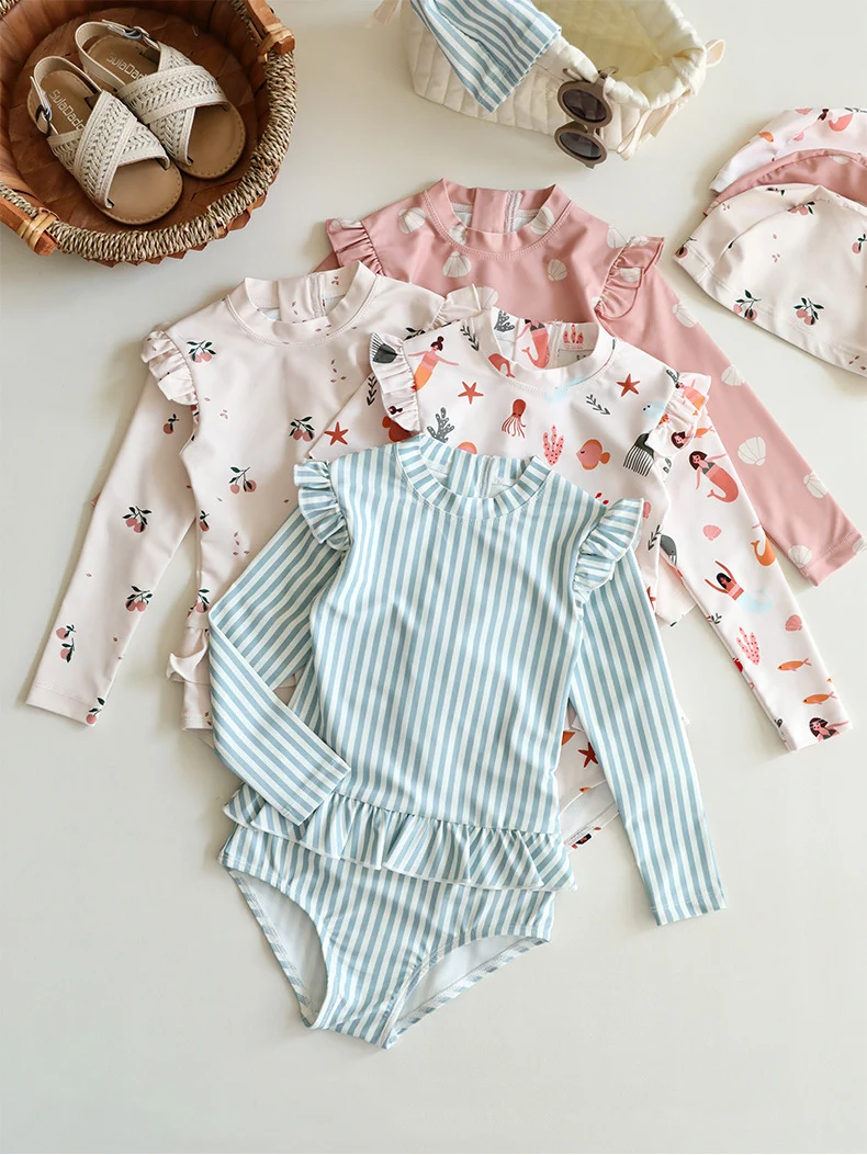 2-7T Toddler Kid Baby Girl Swimwear Summer Swim Bodysuit Clothes Long Sleeve Print Sun Protection Quick-dry Swimsuit