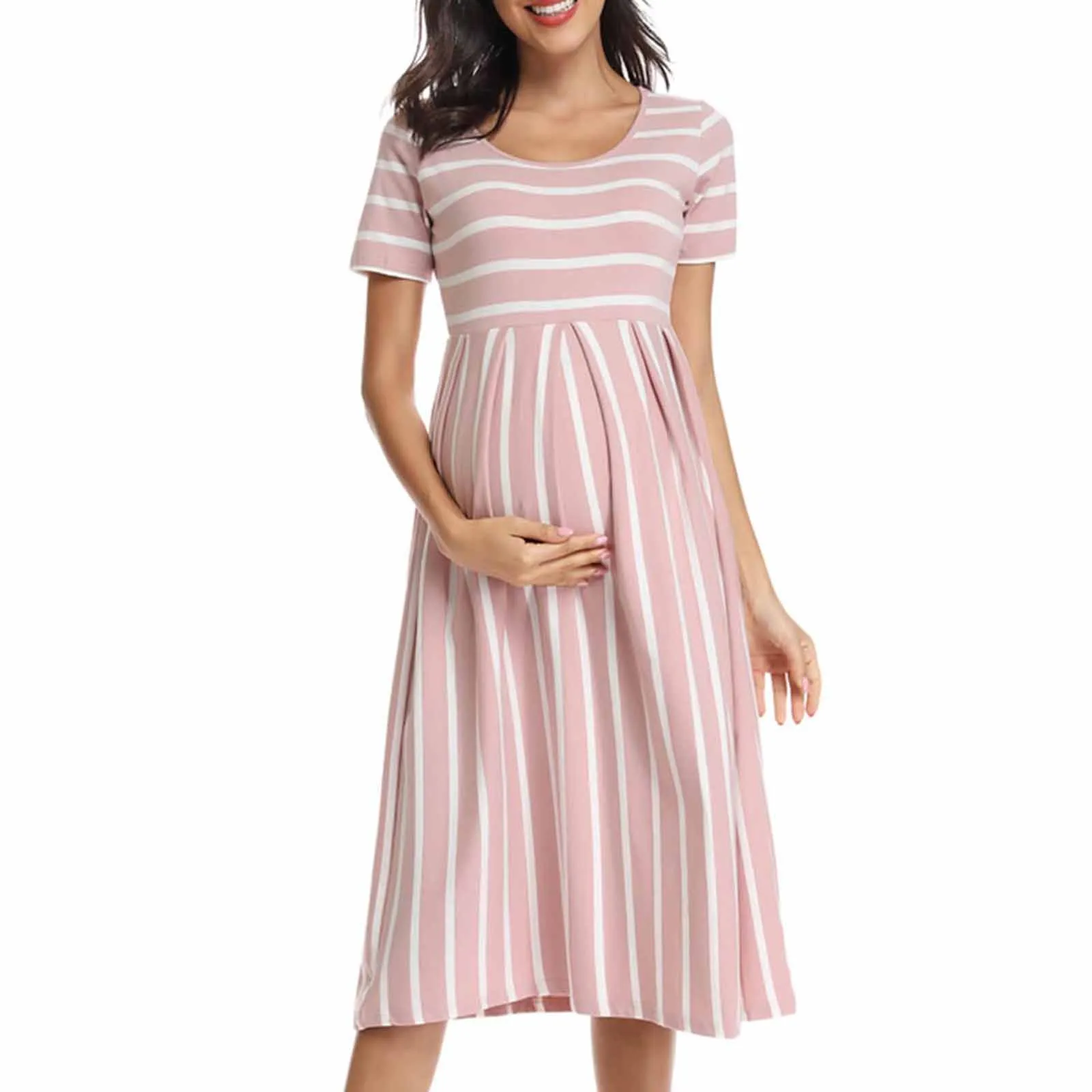 

Women Summer Casual Striped Maternity Dresses Clothes Short Sleeve Knee Length Pregnancy Dress Session Pleated Baby Shower Pink