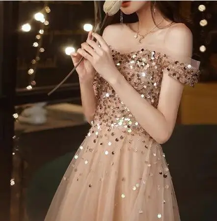 

Sexy Champagne Gold Evening Dresses A-Line Off Shoulder Luxury Sequins Beading Long Wedding Formal Guests Party Prom Gowns 2022