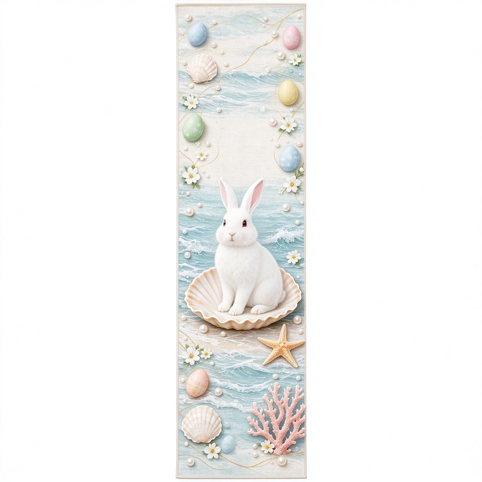 Coastal Easter Table Runner Beach Bunny Seashell Starfish Coral Easter Egg Dining Table Home Decor
