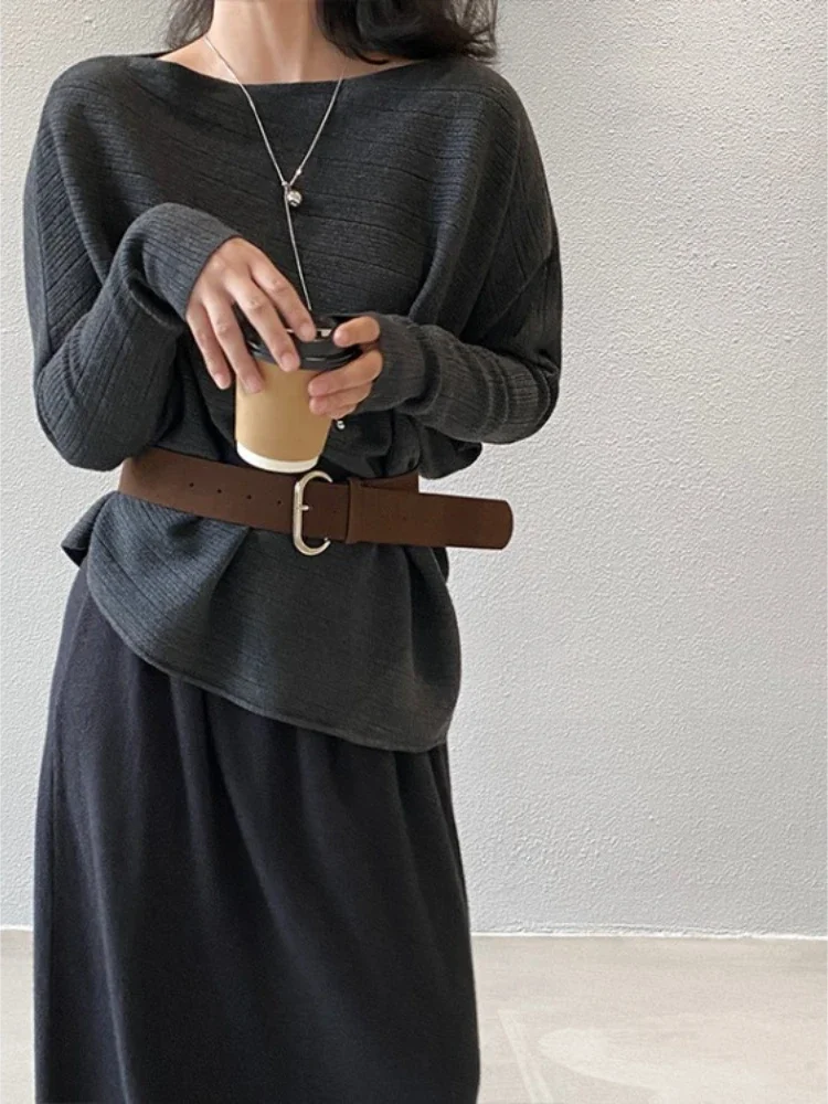 

Korean Fashion Long-sleeve Off-the-shoulder Solid Color Top Autumn and Winter Elegant Irregular Top with Waist Belt Pullovers