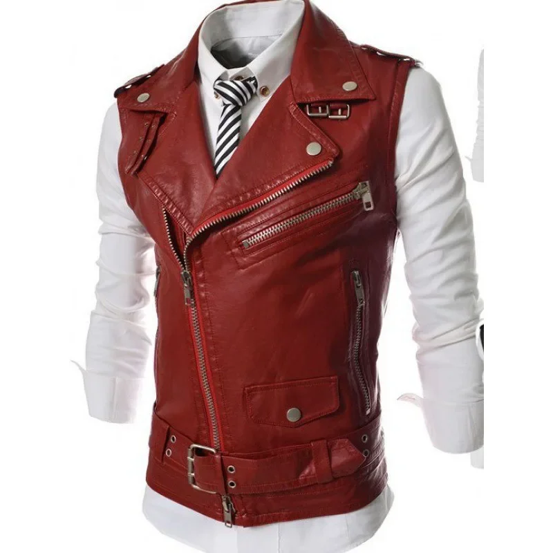 Men's Sleeveless Motorcycle Jacket Vest with Zipper PU Leather Slim Vest for Early Spring and Autumn  Mens Jacket