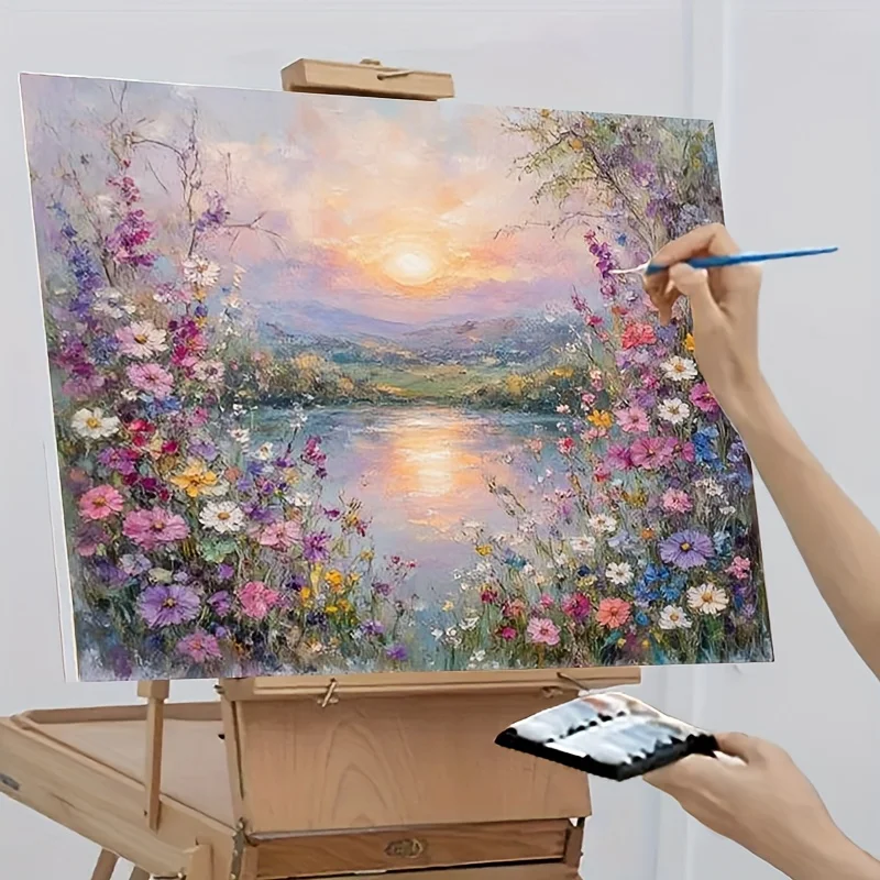 Ölgemälde nach Zahlen: Blüten am See und Sonnenuntergang, DIY-Zahlenmalerei auf Leinwand, Bilder nach Zahlen, Heimdekoration, große Größe