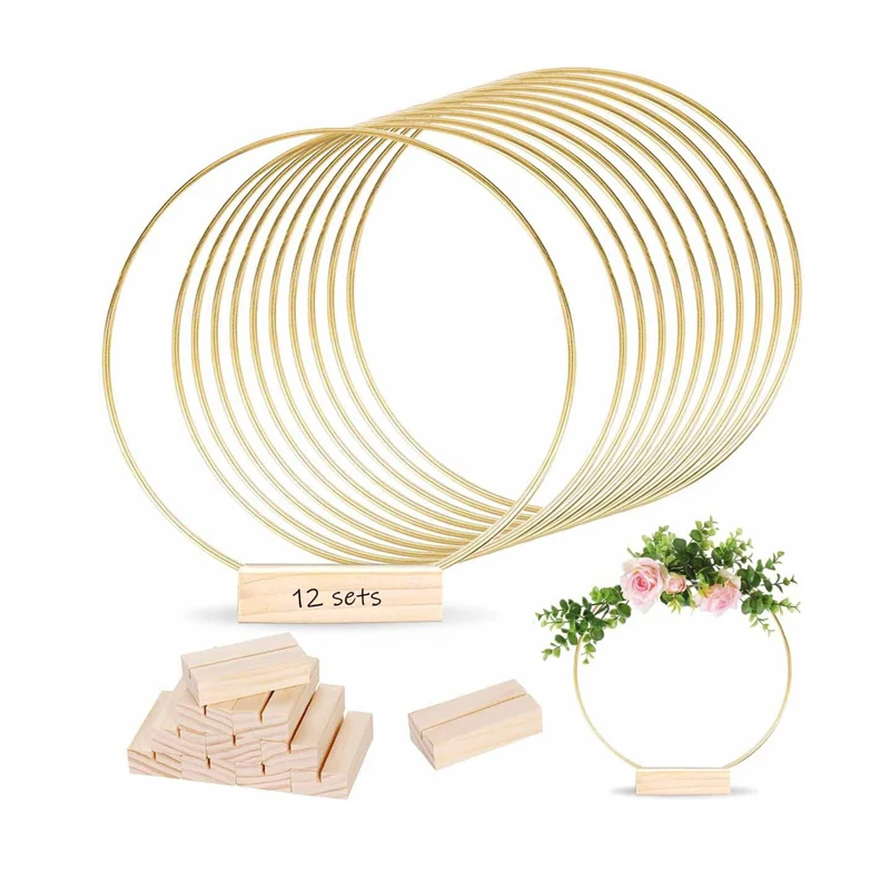 Gold Metal Floral Hoop Garland, Decoração De Mesa para Wedding Centerpieces, Titulares De Cartão De Madeira, Grinalda Flor, 12 \