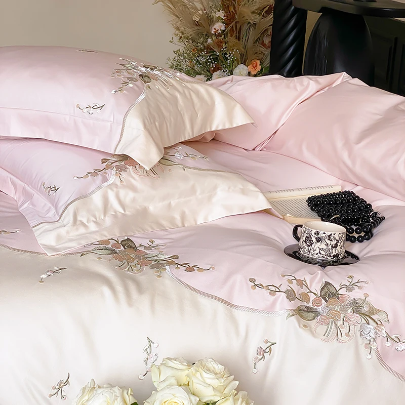 lily of the valley Embroidery Bedding Set 1000TC Egyptian Cotton Chic Flowers Duvet Cover Set Flat/Fitted Bed Sheet Pillowcases