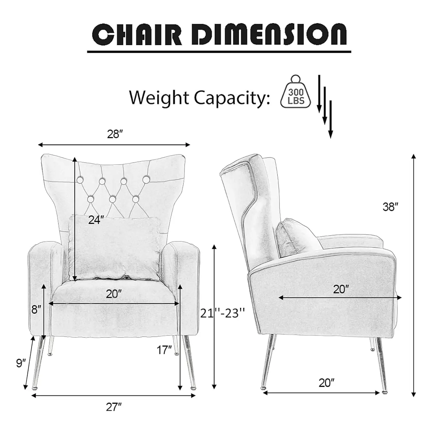 Velvet Wingback Armchair Set of 2, Mid-Century Chair with Lumbar Pillow for Living Room Bedroom Office, Tufted, Customized