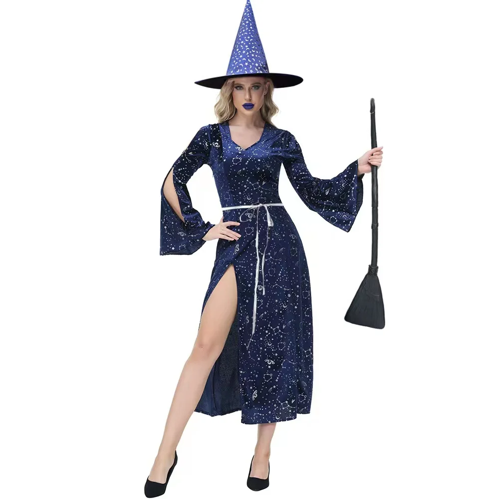 Blue Moon Stars Print Gothic Woman Halloween Augur Costumes Female Witch Sorceress Cosplay Carnival Purim Role Play Party Dress