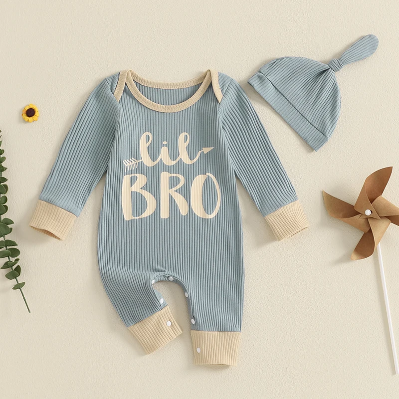 Infant Baby Boys Jumpsuit and Hat Set Long Sleeve Arrow Letter Print Ribbed Romper with Hat Newborn Outfit Clothing