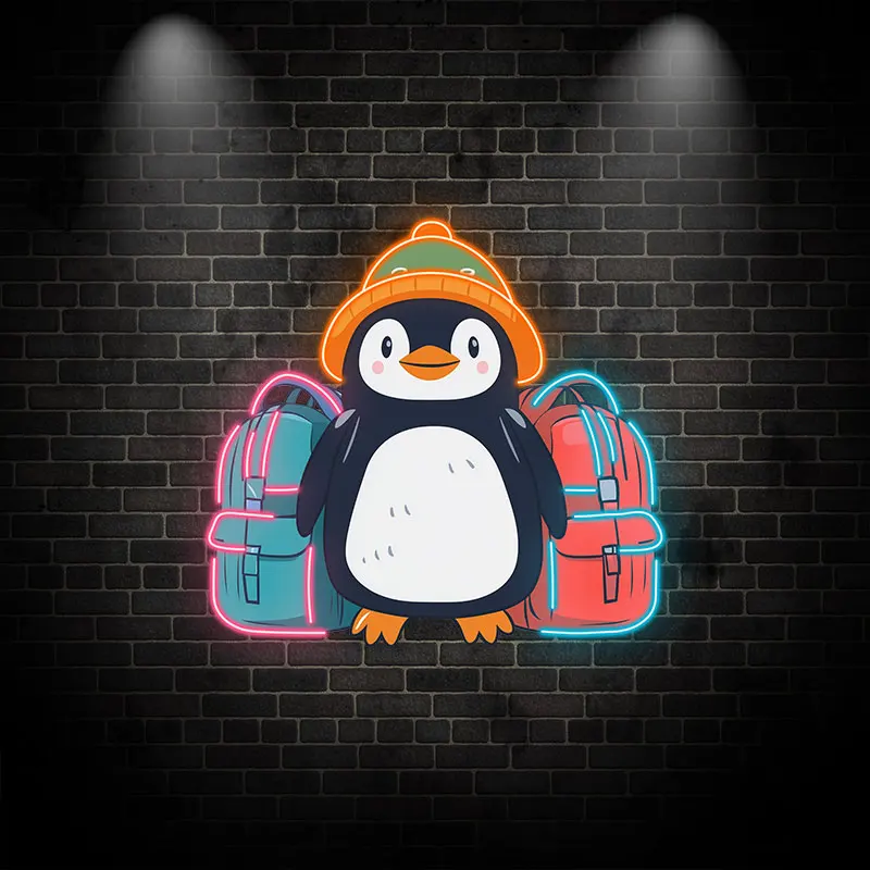 Toysign Custom Neon Sign, Adventurous Penguin Neon Poster – Fun Animal Backpack Design for Kids’ Room or Play Area Wall Decor