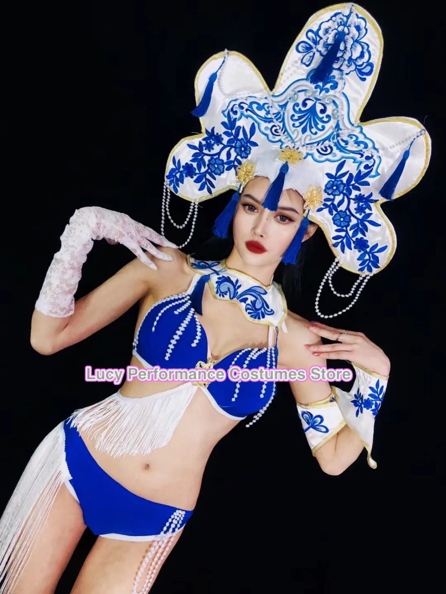 2022 latest blue and white porcelain contraposition embroidery Phnom Penh tassel bikini nightclub gogo guest singer performance