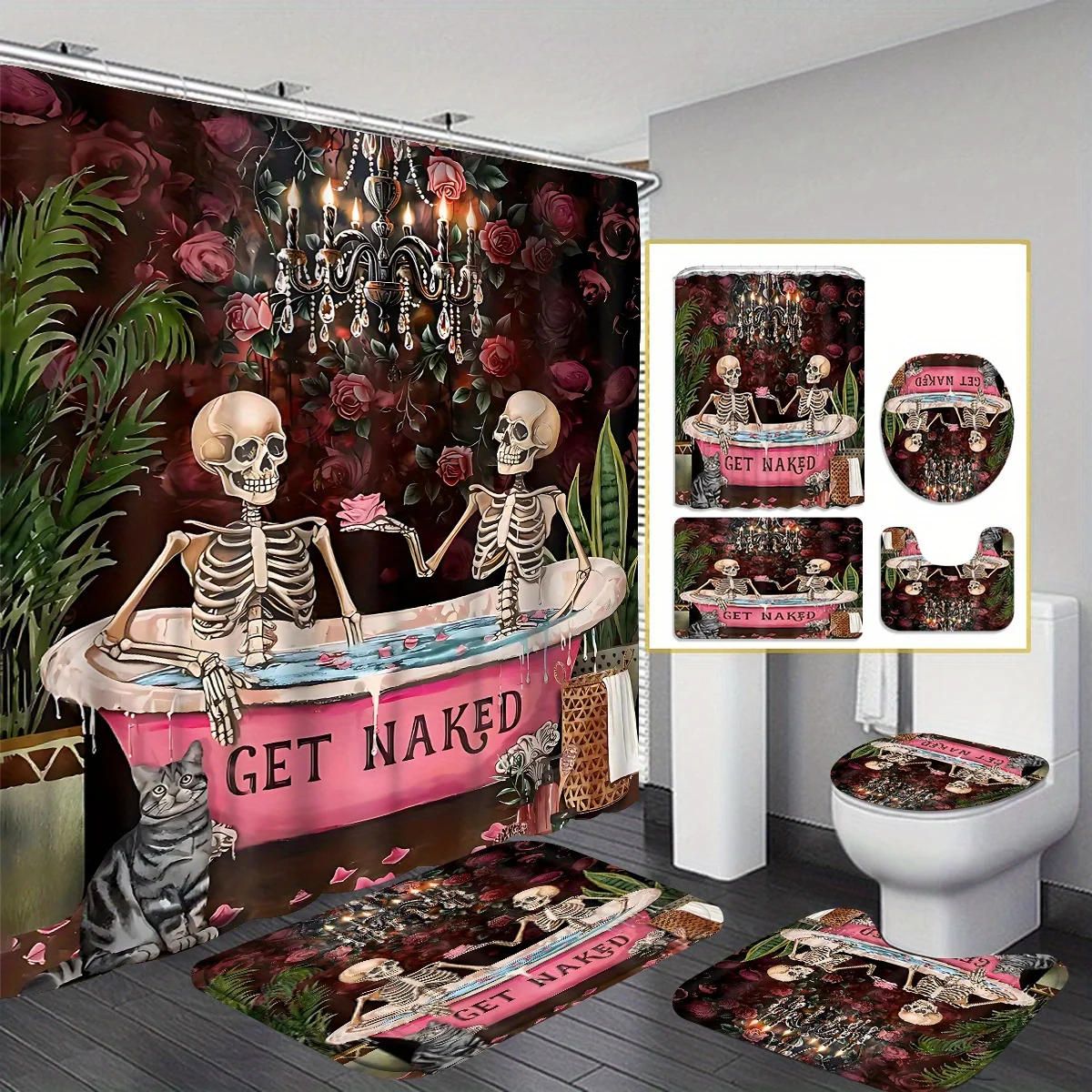 

4 Pc Skull Shower Curtain Modern Family Bathroom Decoration suit Including Curtains and Toilet Floor Mat