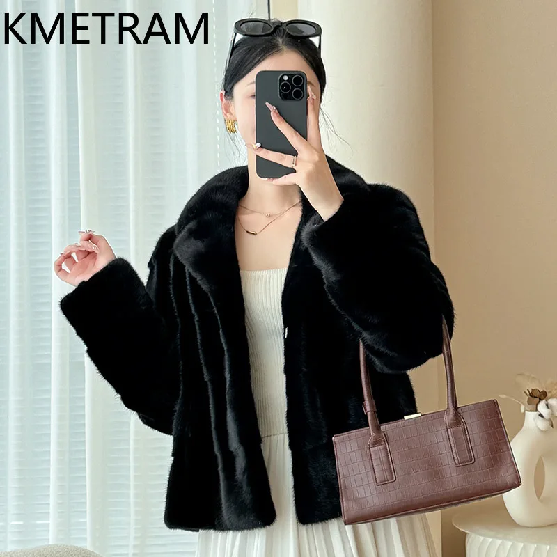 سترة KMETRAM 100% من فرو المنك بالكامل بدلة نسائية بياقة قصيرة سترات من الفرو الحقيقي باللون الأسود لشتاء 2025 جديدة في معاطف ملابس نسائية شوروبا