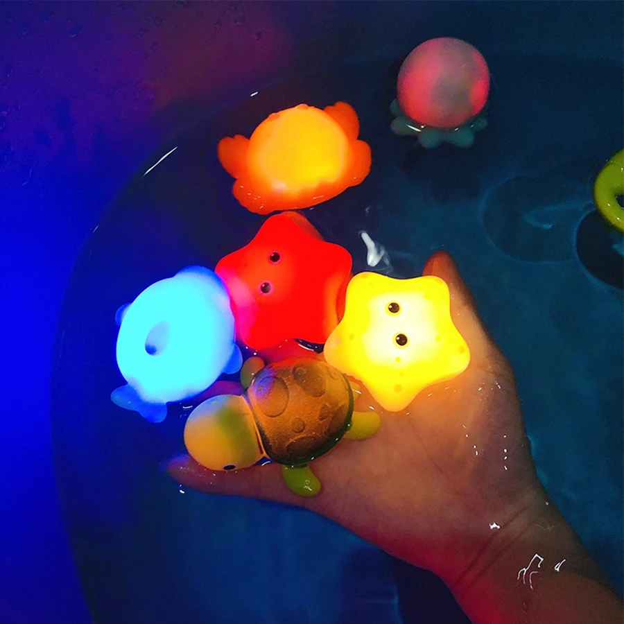 Baby Cute Animals Bath Toy Bathtub Swimming Water LED Light Up Toys Soft Rubber Float Induction Luminous Kids Play Funny Gifts