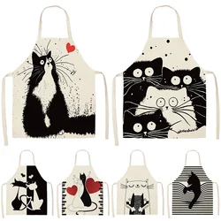 Cat Printed Kitchen Utensils Black Unisex 55*68cm Sleeveless Cotton Linen Household Delantal antiincrustante