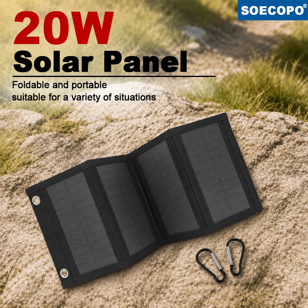 SOECOPO 20W Portable Foldable Solar Panel USB-A 5V 1.5A Monocrystalline IP65 Charger with Carabiners for Camping Hiking RV
