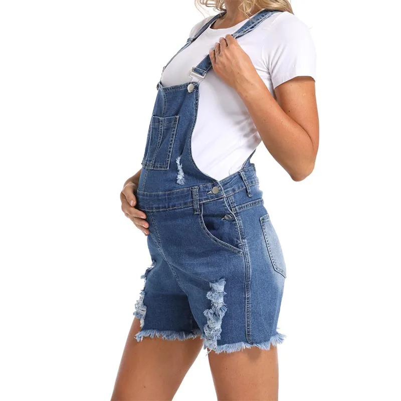 Spring Summer Pregnant Women Denim Overalls Maternity Loose Adjustable Strap Ripped Shortalls Rompers Casual Pregnancy Clothing