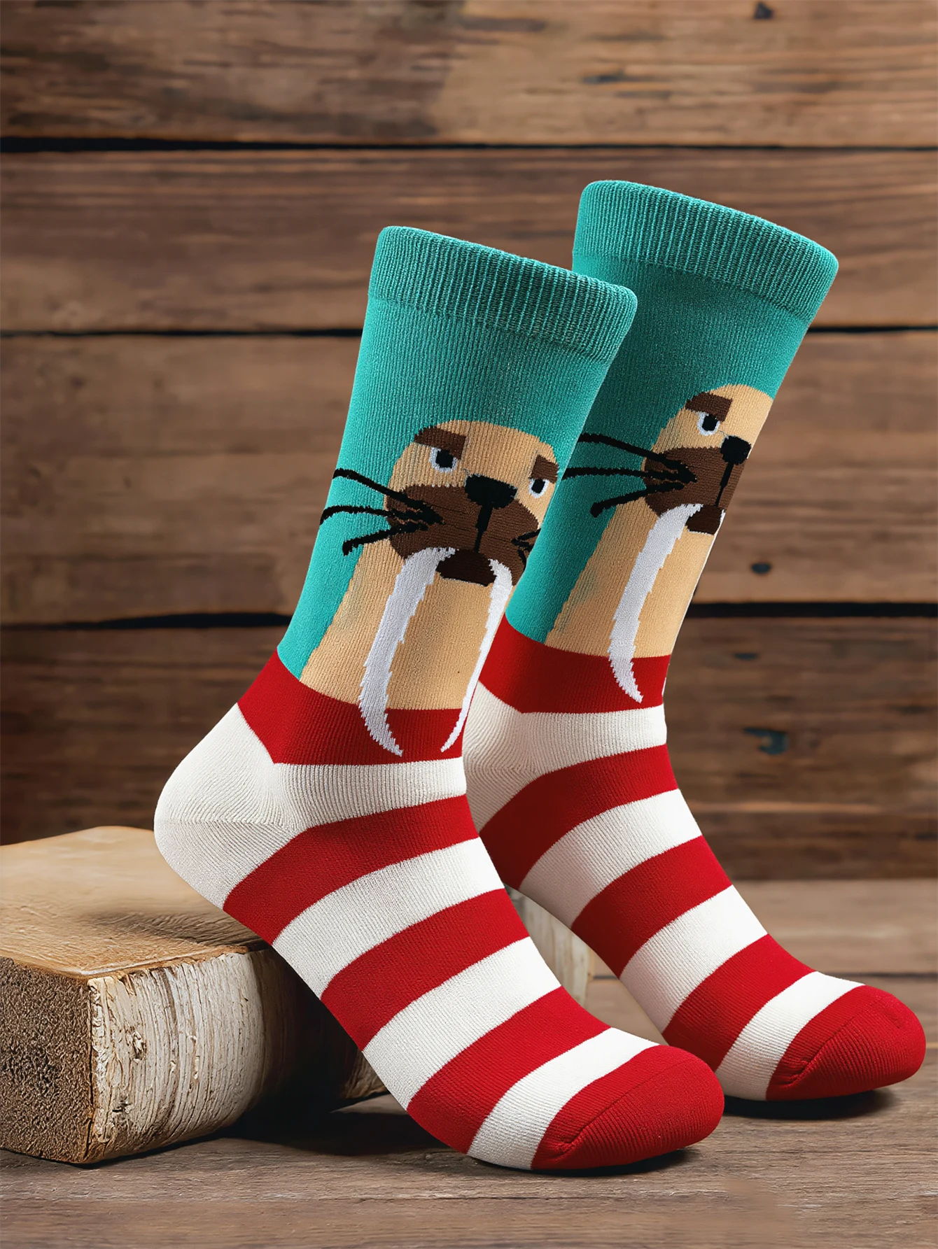1 Pairs Men's Cartoon Sea Lion Print Crew Socks Novelty Animal Pattern Cotton Mid Socks For Men Street Skateboard Sport Socks
