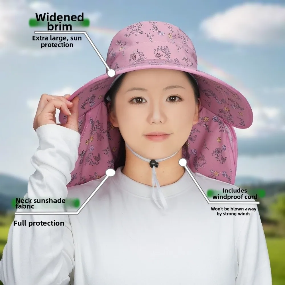 

Soft With Mask Picking Tea Hat Floral Polyester Sunshade Shawl Cap Wide-brimmed Thin Neck Protection Hat Travel