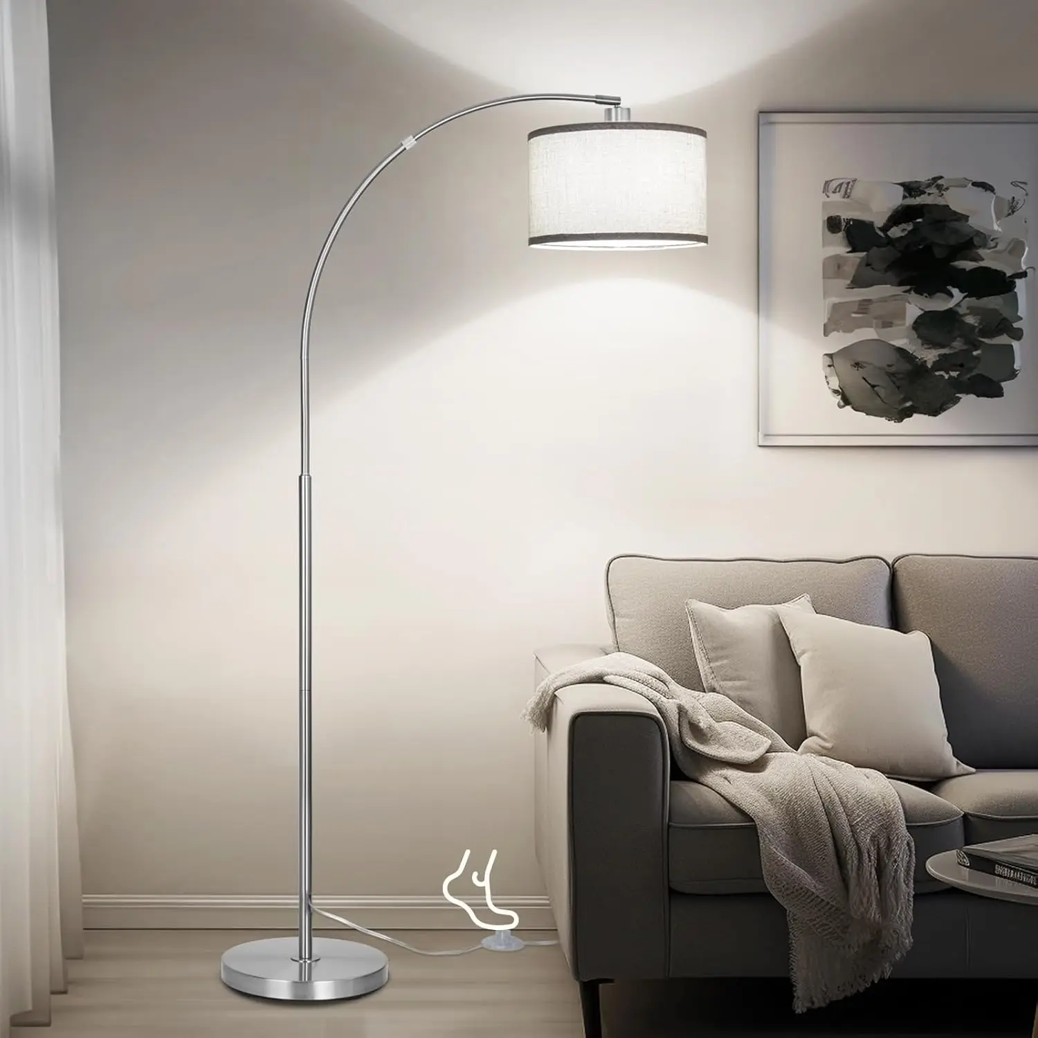 

Silver Arc Floor Lamp For Living Room, Modern Standing Lamp With Adjustable Head Tall Pole Lamp With On/Off Pedal Switch Over