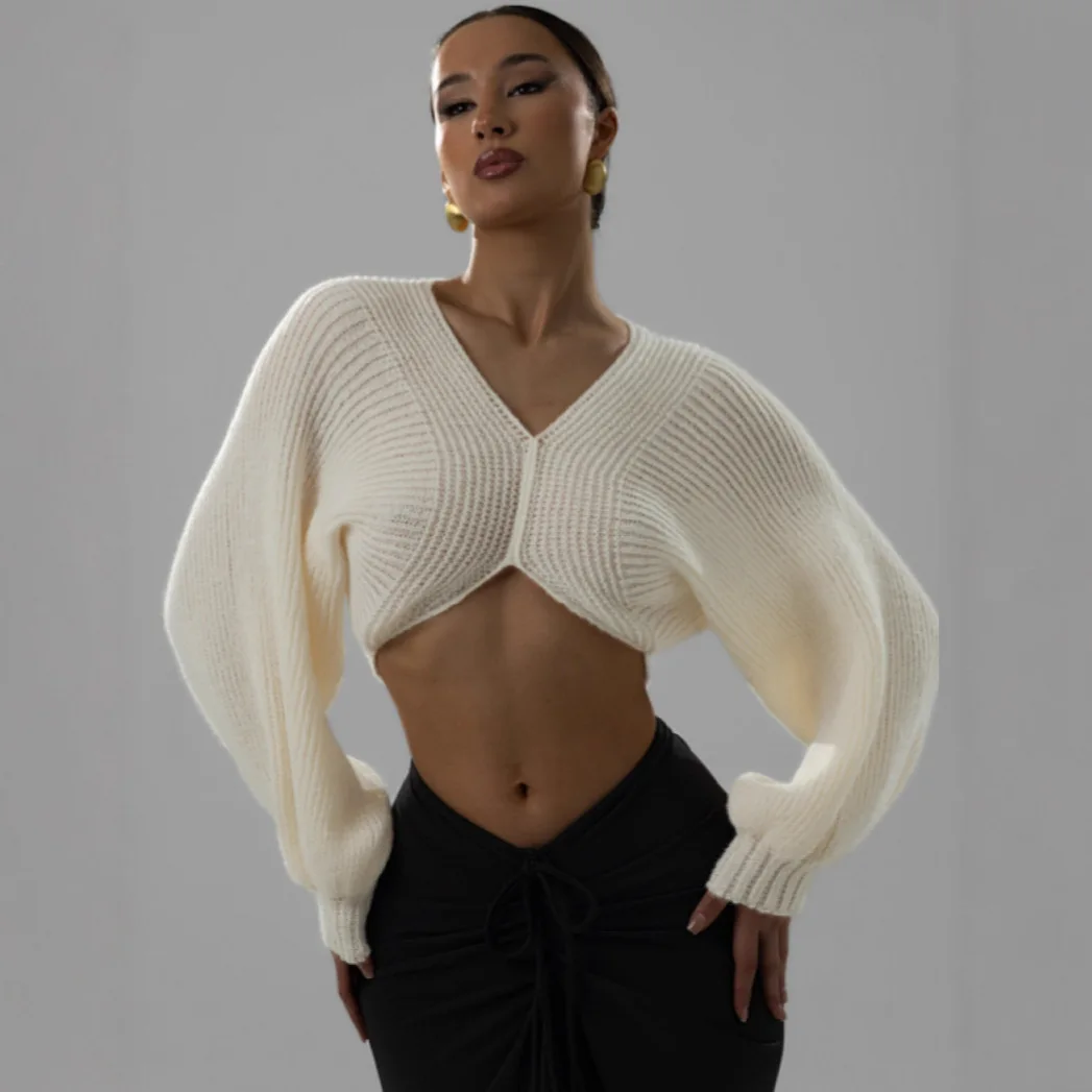

2025 Knit Crop Sweater Women Y2K Lantern Sleeve Casuals Autumn Simple Classic Comfortable Elegant Basic V-Neck Loose Tops