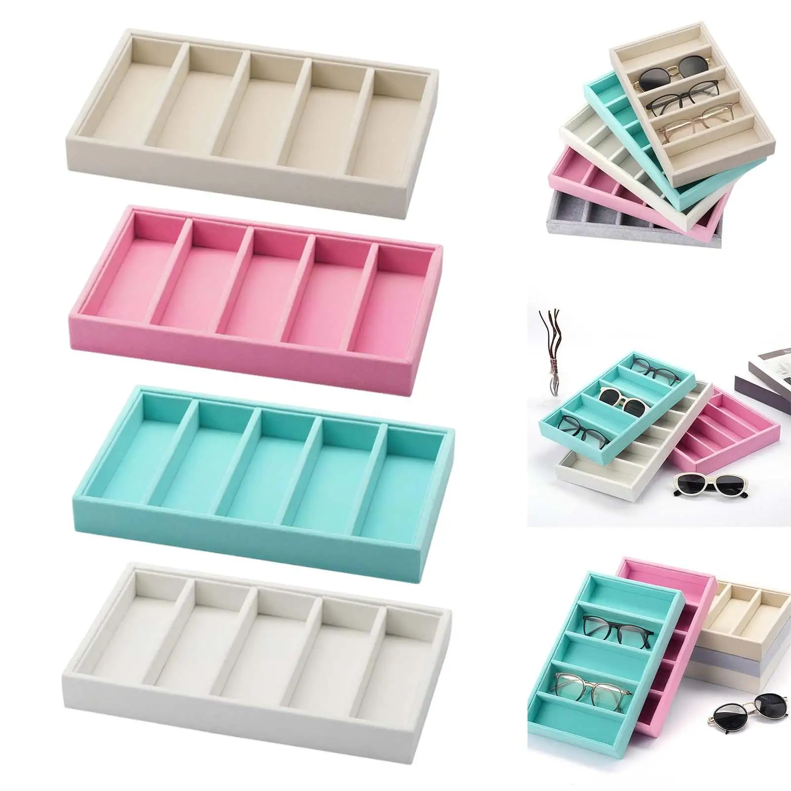 Sunglasses Organizer Tray Container Space Saving Lightweight 5 Grids Eyeglasses Storage Box for Store Travel Tabletop Bedroom
