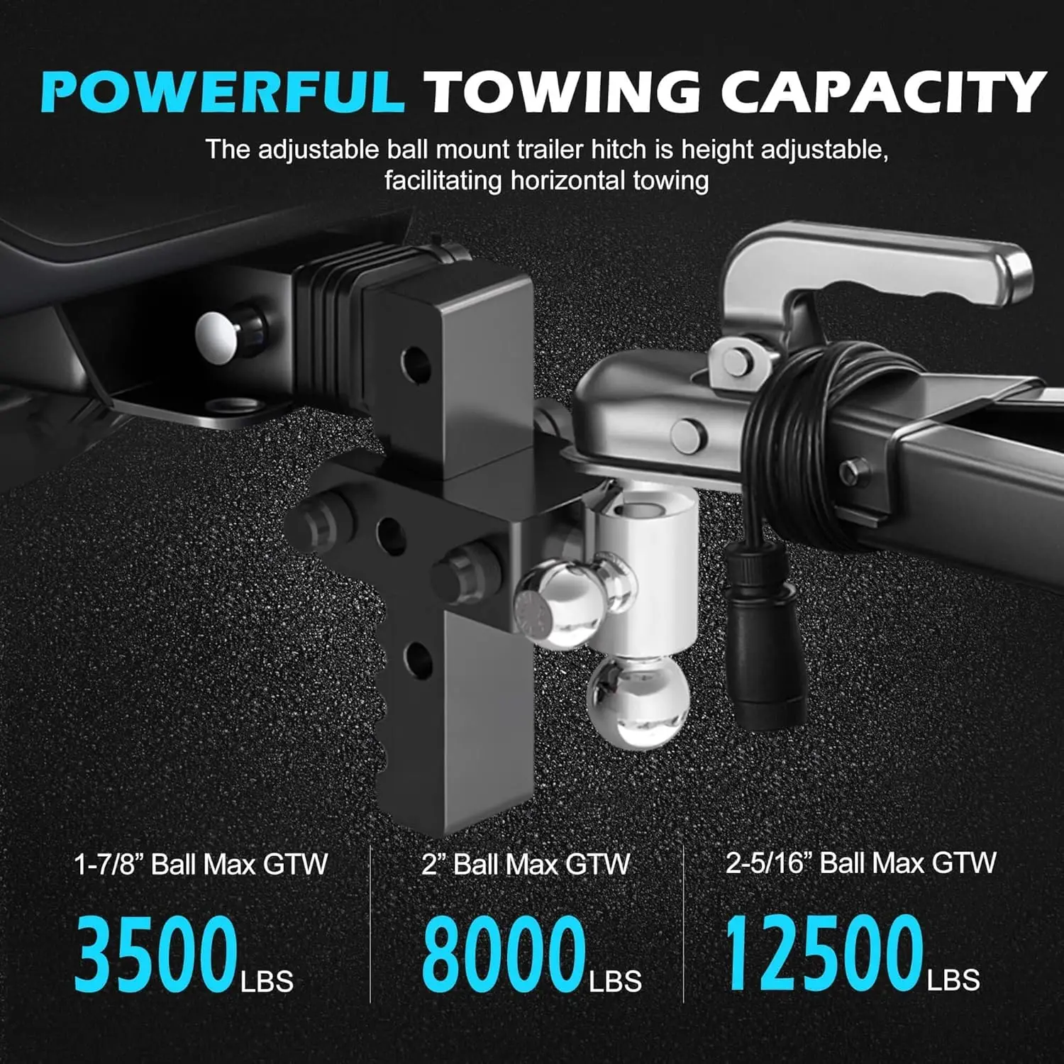 حامل كروي وصلة مقطورة قابل للتعديل، جهاز استقبال مناسب مقاس 2 بوصة، كرة ثلاثية (1-7/8 بوصة × 2 بوصة × 2-5/16 بوصة)، قطرة/ارتفاع 8 بوصة، 12500 GTW، شب عالي التحمل