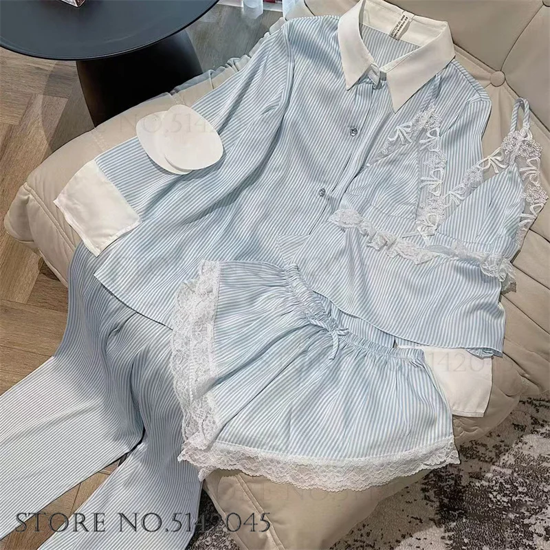 Blue Stripe Female 4PCS Pajamas Set New Silk Satin Sleepwear Lingerie Home Clothes Sexy Shirt&Pant &Strap Top&Shorts Lounge Wear