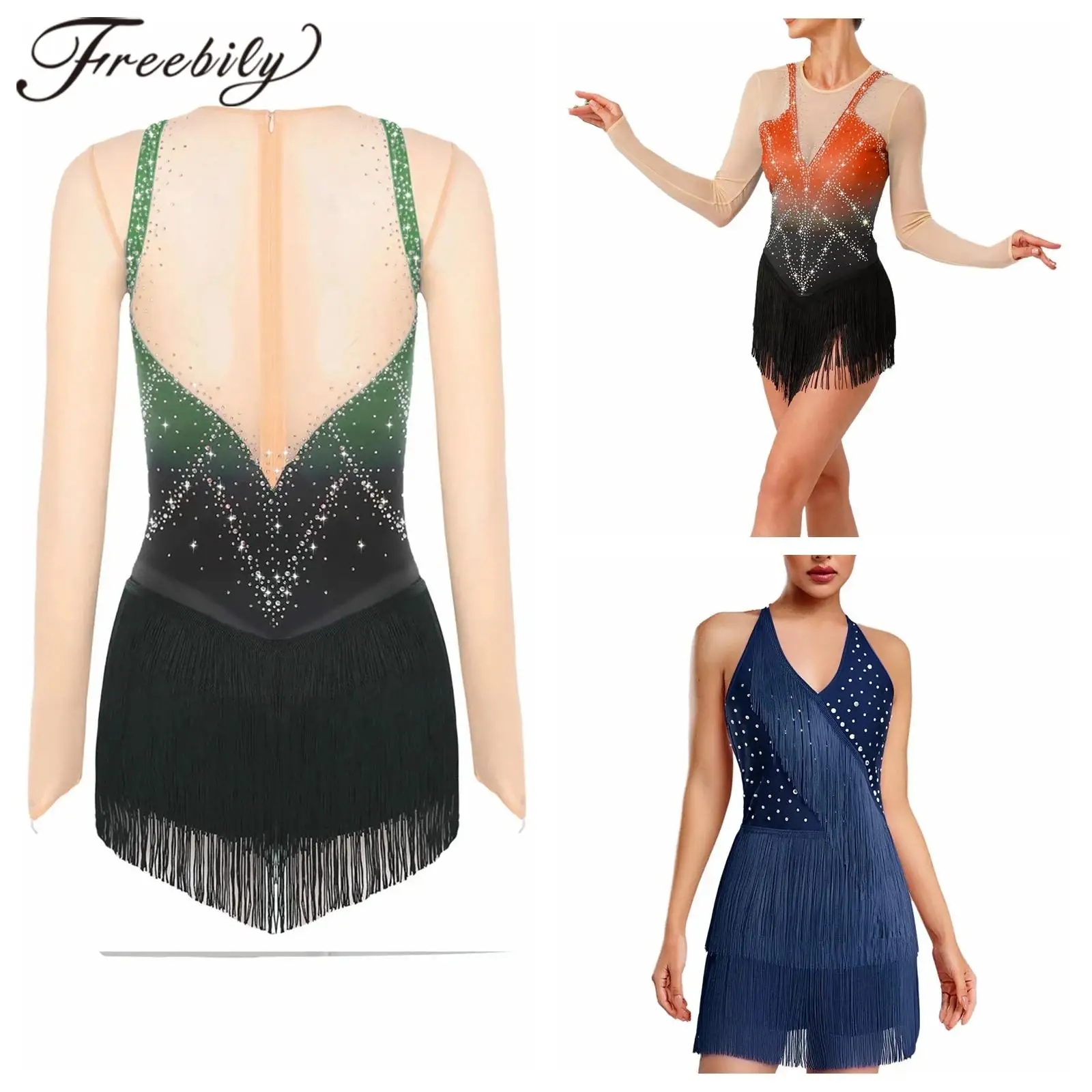 Women American Ballroom Latin Dress Line Dance Rumba Cha Cha Samba Tango Costume Fringe Tassel Leotard Competition Practice Wear